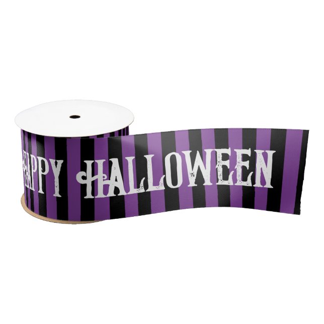Happy Halloween Purple Black Witch Stripes Satin Ribbon (Spool)