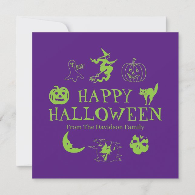 Happy Halloween purple green custom name card (Front)