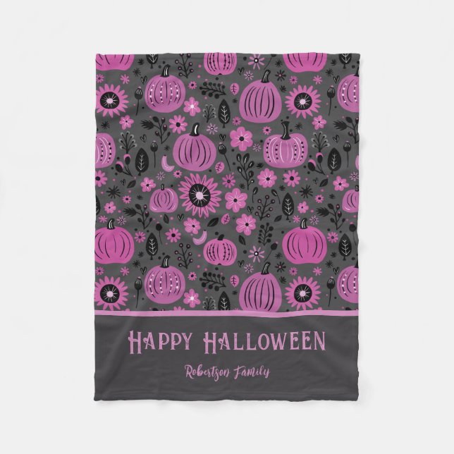 Happy Halloween Purple Pumpkin Family Name Fleece Blanket (Front)