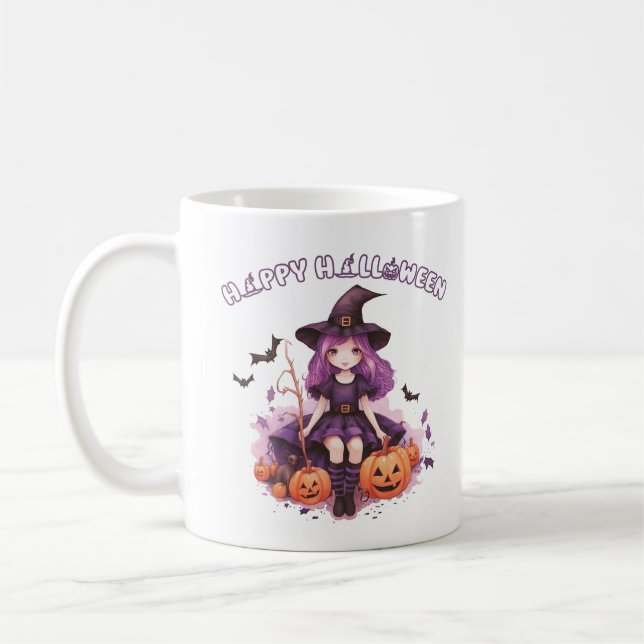 Happy Halloween Purple Witch Pumpkins & Bats Coffee Mug (Left)