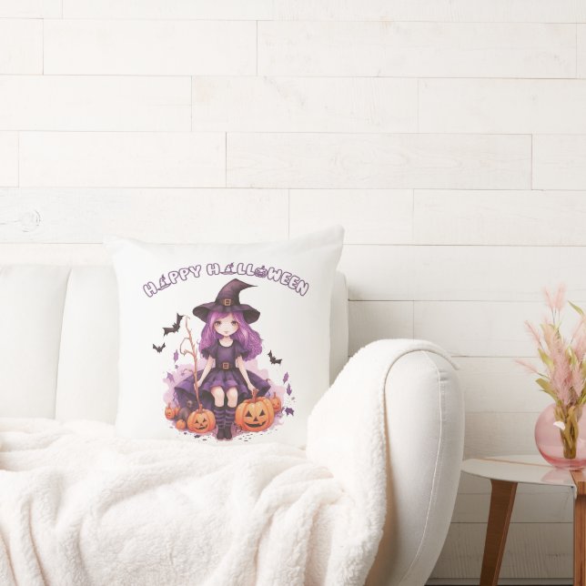 Happy Halloween Purple Witch Pumpkins & Bats Cushion (Couch)