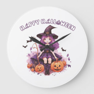 Happy Halloween Purple Witch Pumpkins & Bats Large Clock