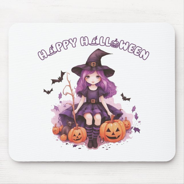 Happy Halloween Purple Witch Pumpkins & Bats Mouse Pad (Front)