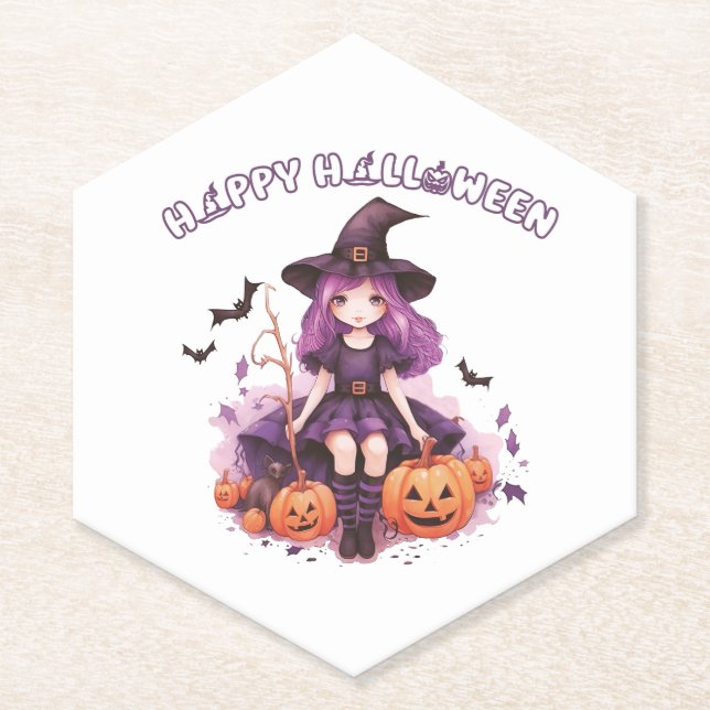 Happy Halloween Purple Witch Pumpkins & Bats Paper Coaster (Front)