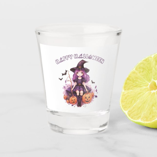 Happy Halloween Purple Witch Pumpkins & Bats Shot Glass (Front)