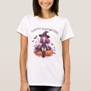 Happy Halloween Purple Witch Pumpkins & Bats T-Shirt