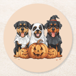 Happy Halloween Rottweiler Dogs Jack O Lantern Round Paper Coaster