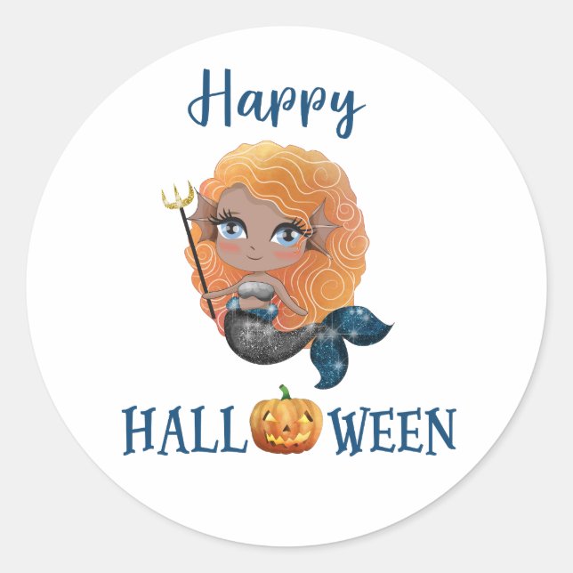 Happy Halloween round sticker Girl Mermaid sticker (Front)