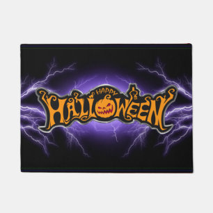 Happy Halloween Ruby Eyed Pumpkin Purple Lightning Doormat