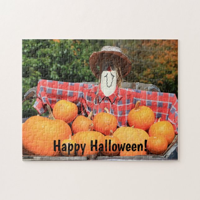Happy Halloween Scarecrow and Pumpkins Family Fun Jigsaw Puzzle (Horizontal)
