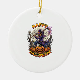 Happy Halloween Scarecrow Reaper Flaming Scythe Fu Ceramic Tree Decoration