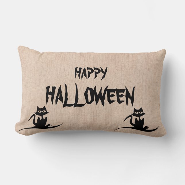 Happy Halloween Scary Cat Burlap Throw Lumbar Cushion (Front)