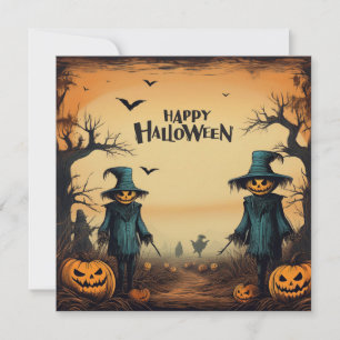 Happy Halloween Scary Scarecrows and Pumpkins  Holiday Card