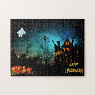 Happy Halloween Scary Witch, Ghost and Pumpkins   Jigsaw Puzzle