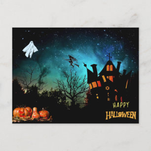 Happy Halloween Scary Witch, Ghost and Pumpkins Postcard