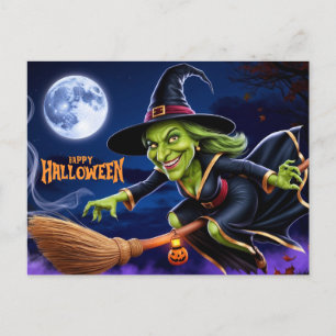 Happy Halloween Scary Witch on Broom Holiday Postcard