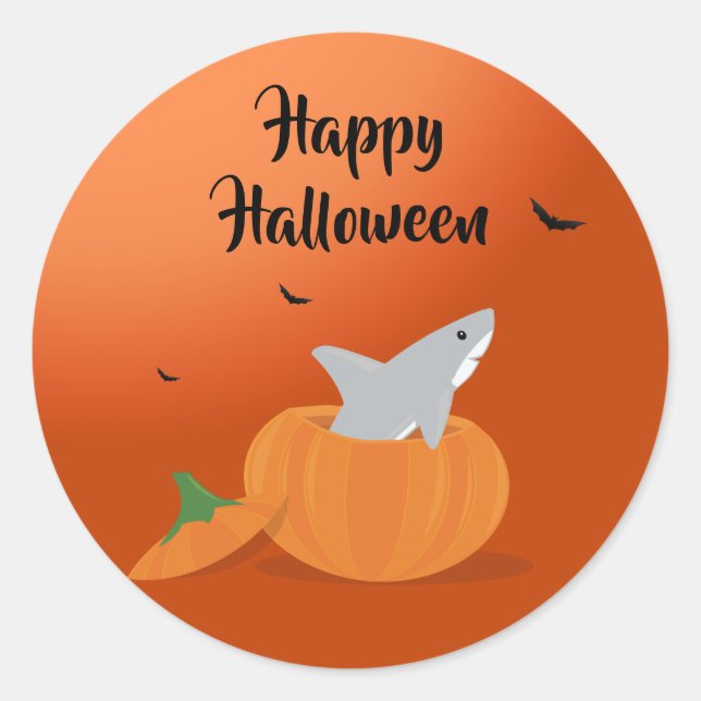 Happy Halloween Shark Pumpkin Bats Orange Classic Round Sticker (Front)