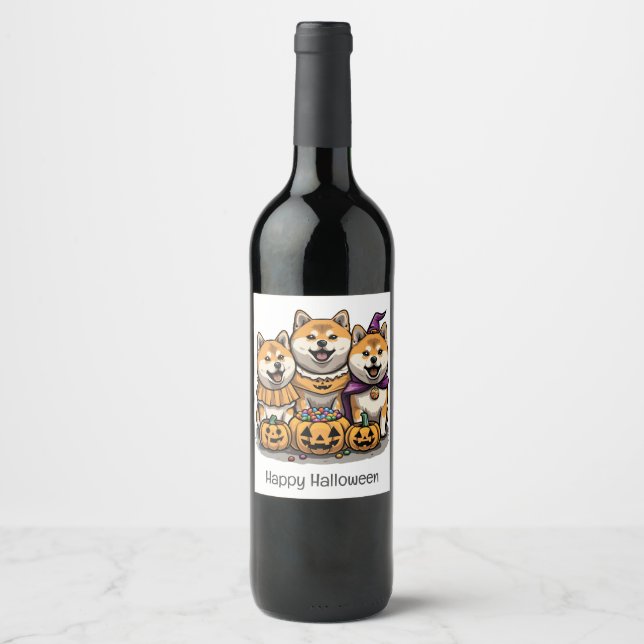 Happy Halloween Shiba Inu Dogs Wine Label (Front)