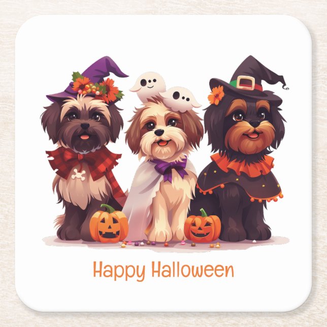 Happy Halloween Shih Tzu Dogs Square Paper Coaster (Front)