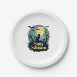 Happy Halloween Shirt with Cat in Graveyard - Grun Paper Plate