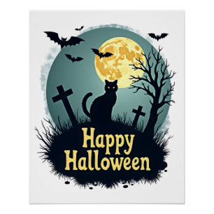 Happy Halloween Shirt with Cat in Graveyard - Grun Poster