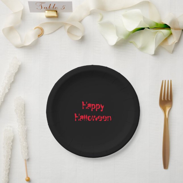 Happy Halloween Simple Clean Solid Black Paper Plate (Wedding)
