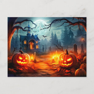 Happy Halloween Sinister Haunted House & Pumpkins Postcard