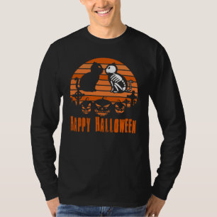 Happy Halloween Skeleton Cat Retro Sunset T-Shirt