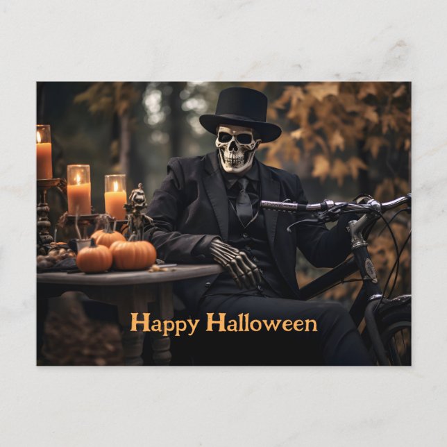 Happy Halloween Skeleton in a vintage tuxedo Postcard (Front)