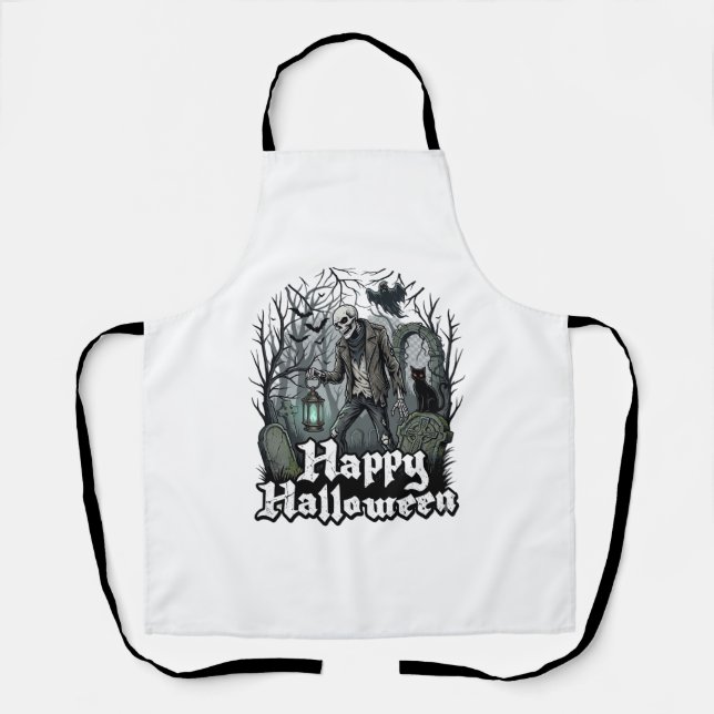 Happy Halloween Skeleton Lantern Black Cat Graveya Apron (Front)