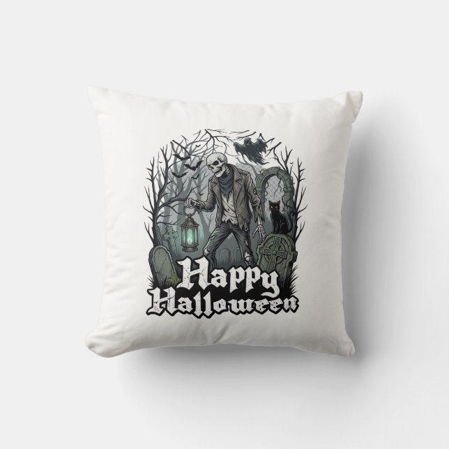 Happy Halloween Skeleton Lantern Black Cat Graveya Cushion (Front)