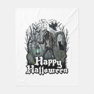 Happy Halloween Skeleton Lantern Black Cat Graveya Fleece Blanket