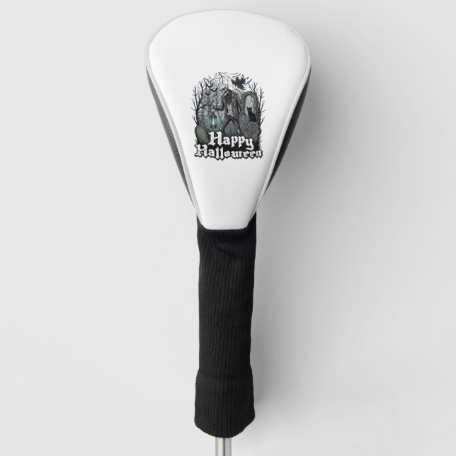 Happy Halloween Skeleton Lantern Black Cat Graveya Golf Head Cover (Front)