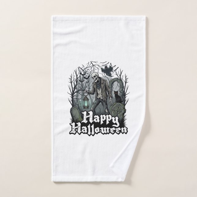 Happy Halloween Skeleton Lantern Black Cat Graveya Hand Towel (Hand Towel)