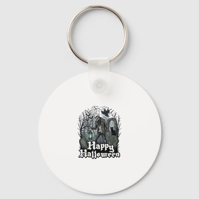 Happy Halloween Skeleton Lantern Black Cat Graveya Key Ring (Front)