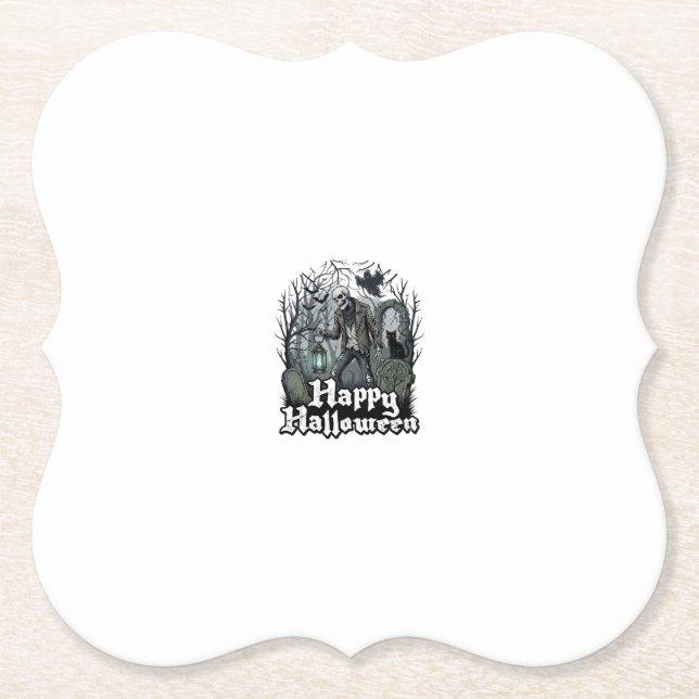 Happy Halloween Skeleton Lantern Black Cat Graveya Paper Coaster (Front)