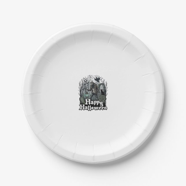 Happy Halloween Skeleton Lantern Black Cat Graveya Paper Plate (Front)