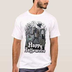 Happy Halloween Skeleton Lantern Black Cat Graveya T-Shirt