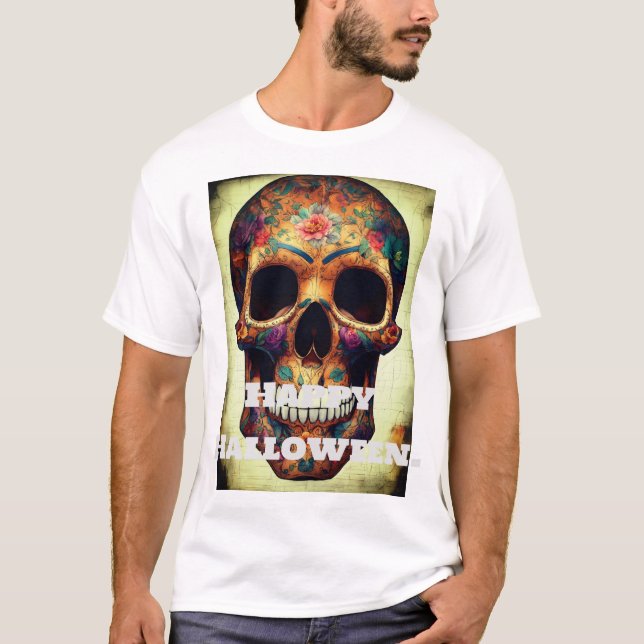 "Happy Halloween Skeleton Print T-Shirt. T-Shirt (Front)