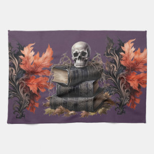 Happy Halloween Skull and Books Tea Towel