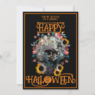 Happy Halloween Skull Floral Party Black Oranges Invitation