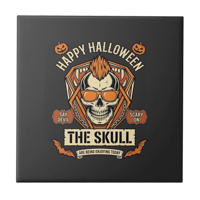 Happy Halloween Skull Mohawk Sunglasses Pumpkins B Tile (Front)