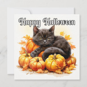 Happy Halloween Sleepy Black Kitty Cat Card