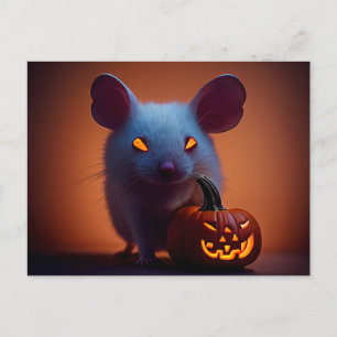 happy Halloween. Small cute mouse with pumpkin Postcard