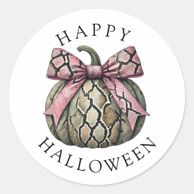 Happy Halloween Snake Skin Pumpkin Pink Ribbon Classic Round Sticker (Front)