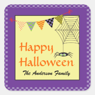 Happy Halloween Spider Add Name Square Sticker