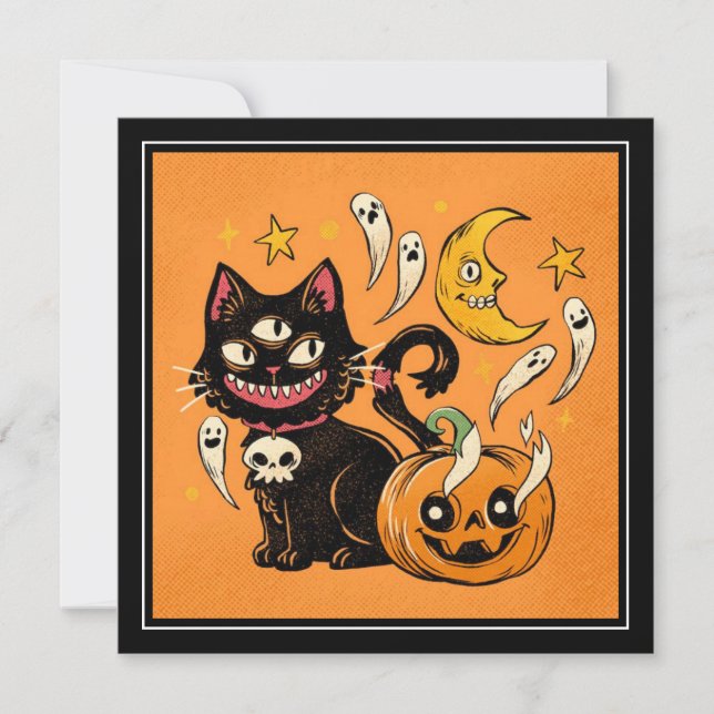 Happy Halloween Spooky  Black Cat And Pumpkin Holiday Card (Front)