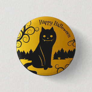 Happy Halloween Spooky Black Cat   Pin Button