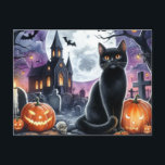 Happy Halloween Spooky Black Cat Postcard<br><div class="desc">The "Halloween Postcard" features a spooky dark image of a black cat, a jack-o'-lantern in front of a graveyard, and a full moon. This Halloween postcard is the perfect way to send chills to all your friends and family this October. It's great for spooky fun. You can buy this spooky...</div>
