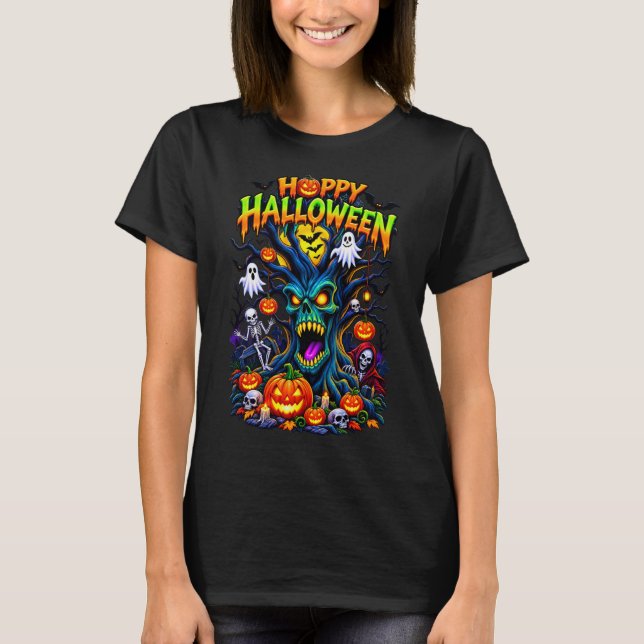 Happy Halloween Spooky Haunted Tree Design T-Shirt (Front)